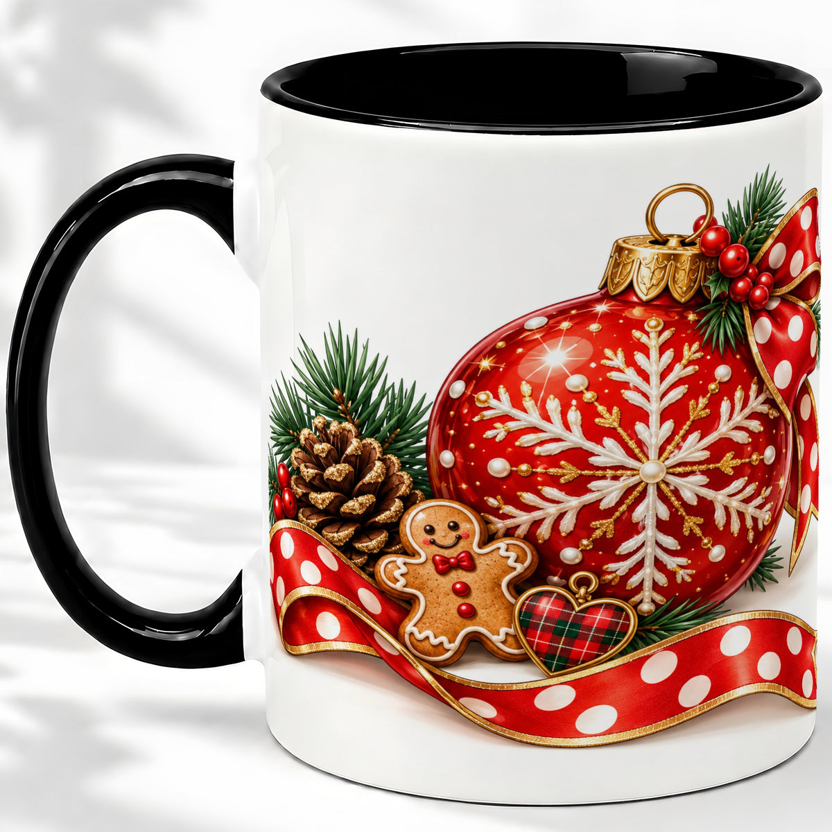 #pl[11oz|Black] Red Christmas Ornament Accent Mug, Ceramic Cup with Snowflake Art