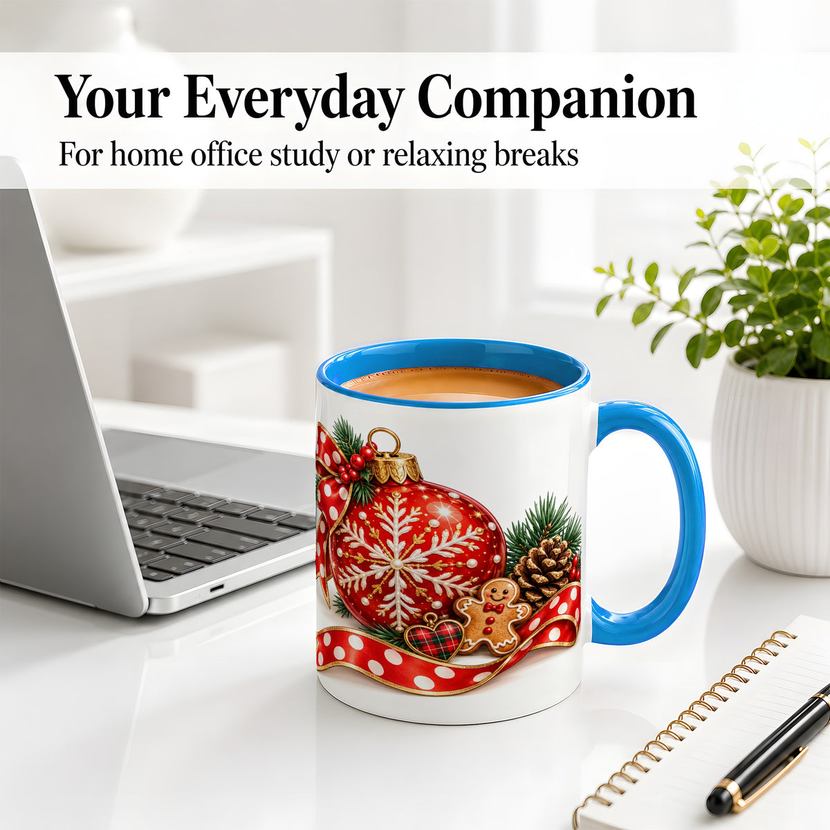 #pl[11oz|Blue] Red Christmas Ornament Accent Mug, Ceramic Cup with Snowflake Art