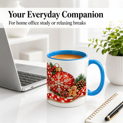 #pl[11oz|Blue] Red Christmas Ornament Accent Mug, Ceramic Cup with Snowflake Art