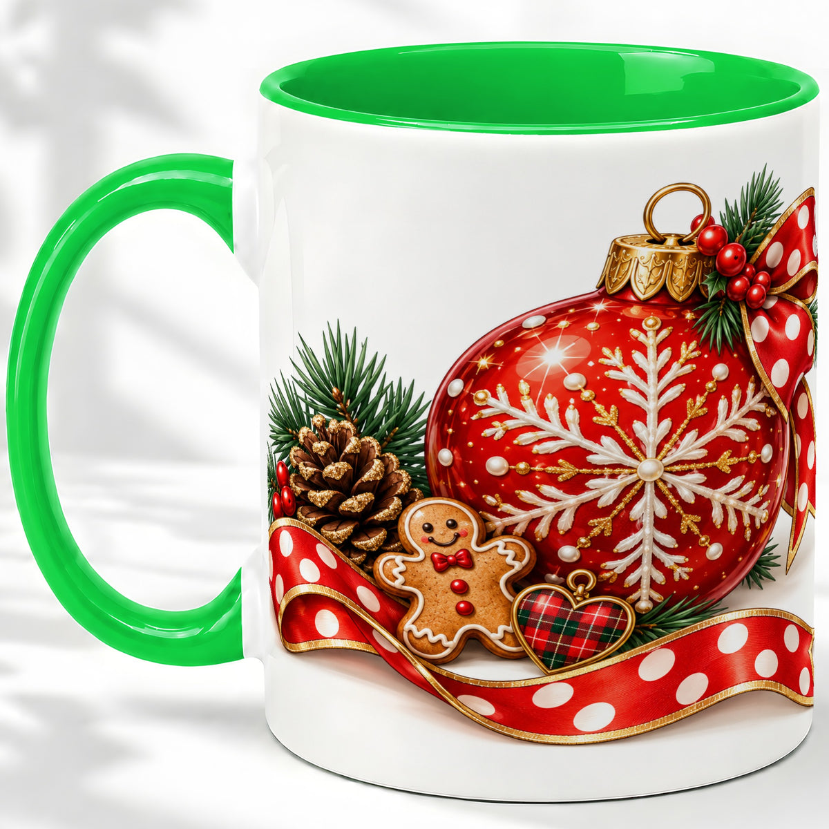 #pl[11oz|Green] Red Christmas Ornament Accent Mug, Ceramic Cup with Snowflake Art