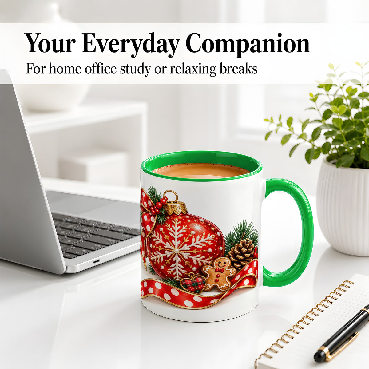 #pl[11oz|Green] Red Christmas Ornament Accent Mug, Ceramic Cup with Snowflake Art