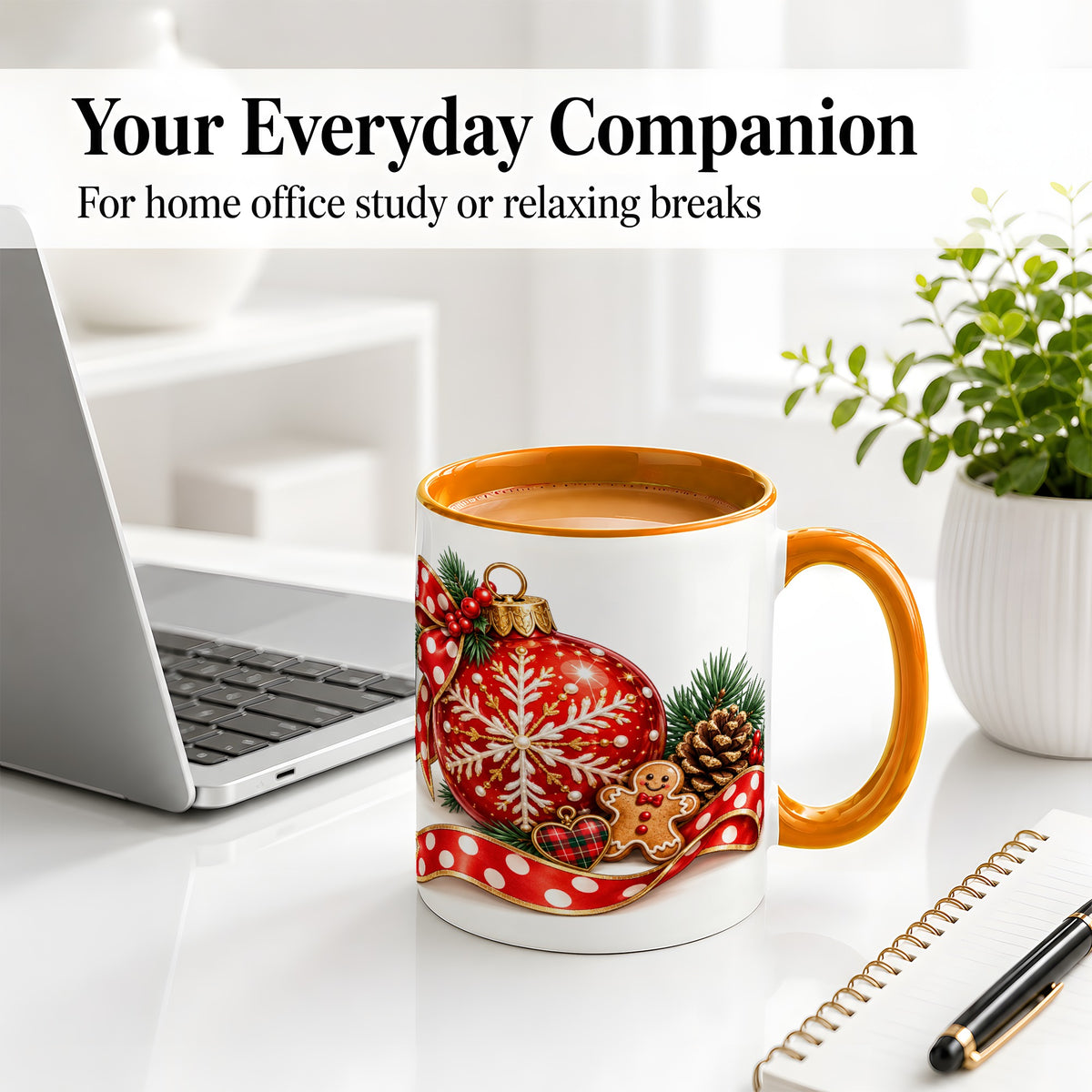 #pl[11oz|Orange] Red Christmas Ornament Accent Mug, Ceramic Cup with Snowflake Art