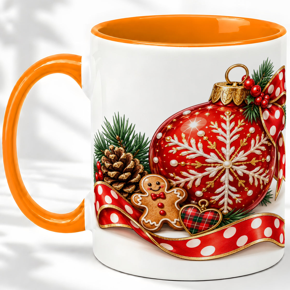 #pl[11oz|Orange] Red Christmas Ornament Accent Mug, Ceramic Cup with Snowflake Art