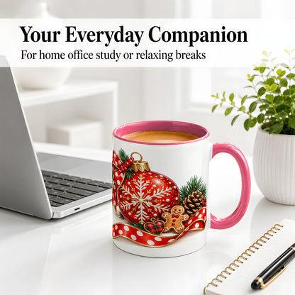 #pl[11oz|Pink] Red Christmas Ornament Accent Mug, Ceramic Cup with Snowflake Art