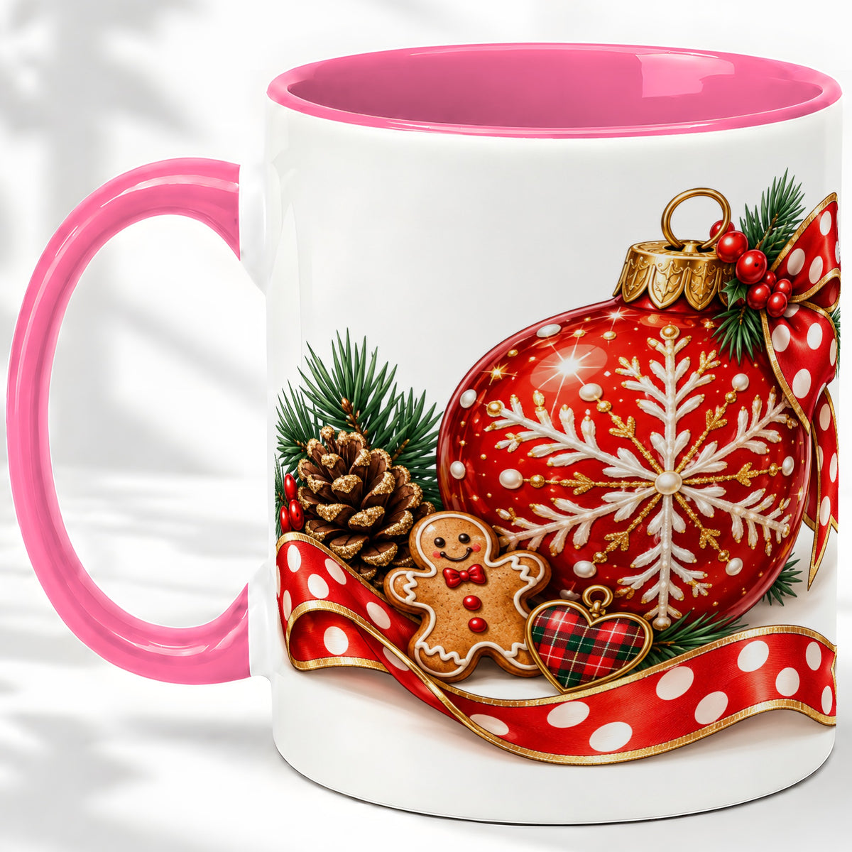 #pl[11oz|Pink] Red Christmas Ornament Accent Mug, Ceramic Cup with Snowflake Art