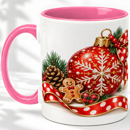 #pl[11oz|Pink] Red Christmas Ornament Accent Mug, Ceramic Cup with Snowflake Art