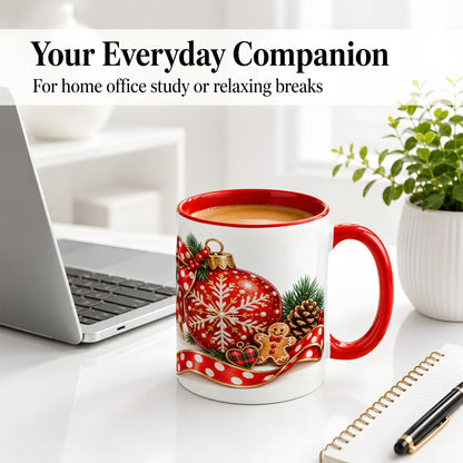 #pl[11oz|Red] Red Christmas Ornament Accent Mug, Ceramic Cup with Snowflake Art