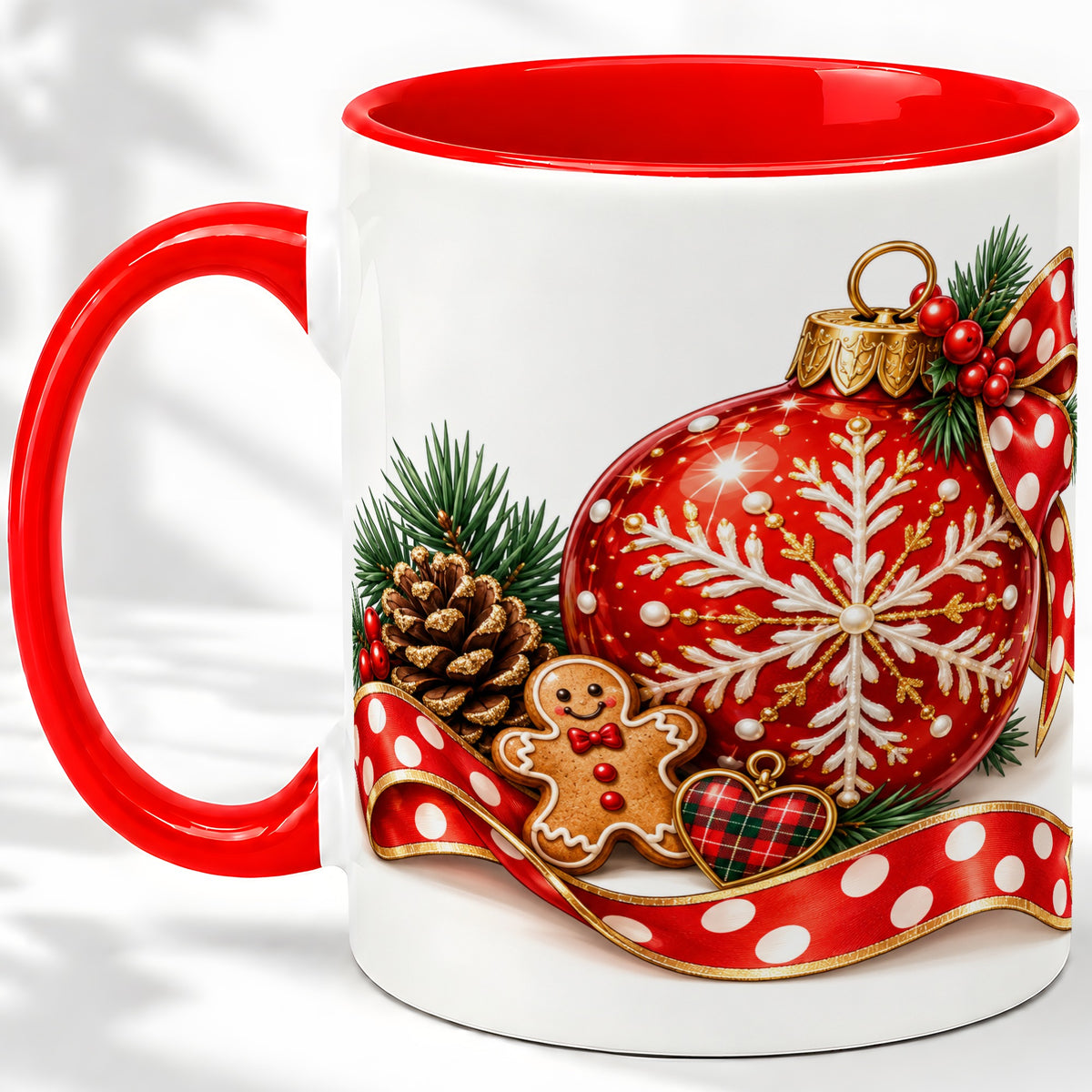 Red Christmas Ornament Accent Mug, Ceramic Cup with Snowflake Art