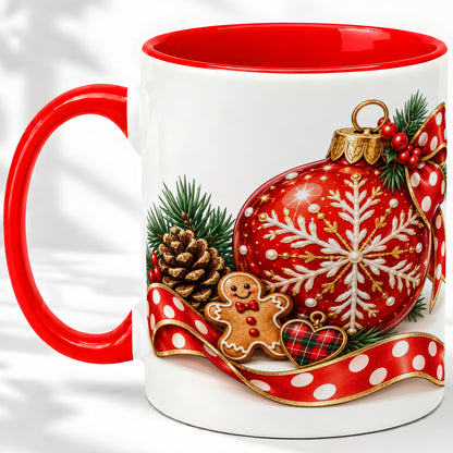 Red Christmas Ornament Accent Mug, Ceramic Cup with Snowflake Art