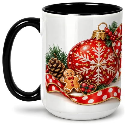 #pl[15oz|Black] Red Christmas Ornament Accent Mug, Ceramic Cup with Snowflake Art