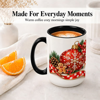 #pl[15oz|Black] Red Christmas Ornament Accent Mug, Ceramic Cup with Snowflake Art