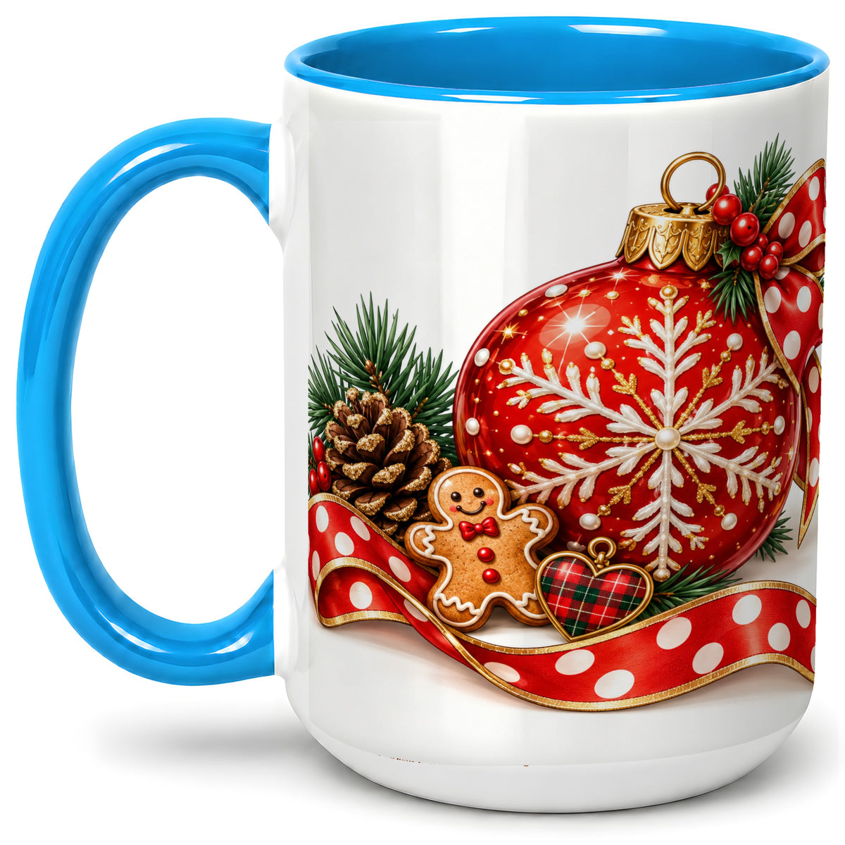 #pl[15oz|Blue] Red Christmas Ornament Accent Mug, Ceramic Cup with Snowflake Art