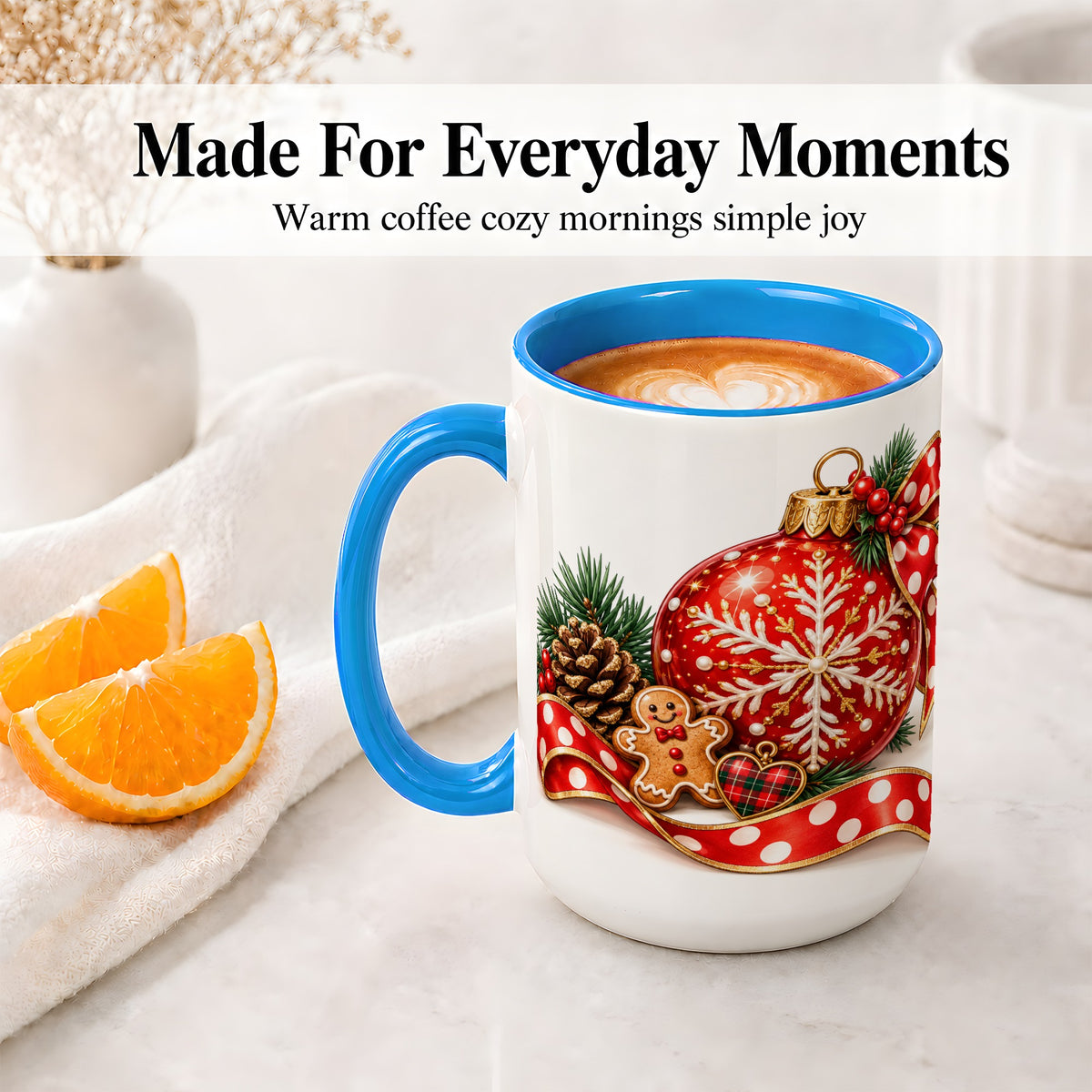 #pl[15oz|Blue] Red Christmas Ornament Accent Mug, Ceramic Cup with Snowflake Art