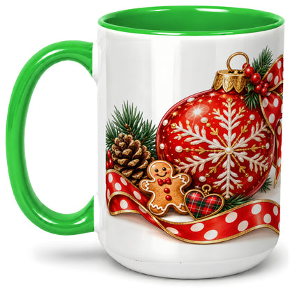 #pl[15oz|Green] Red Christmas Ornament Accent Mug, Ceramic Cup with Snowflake Art