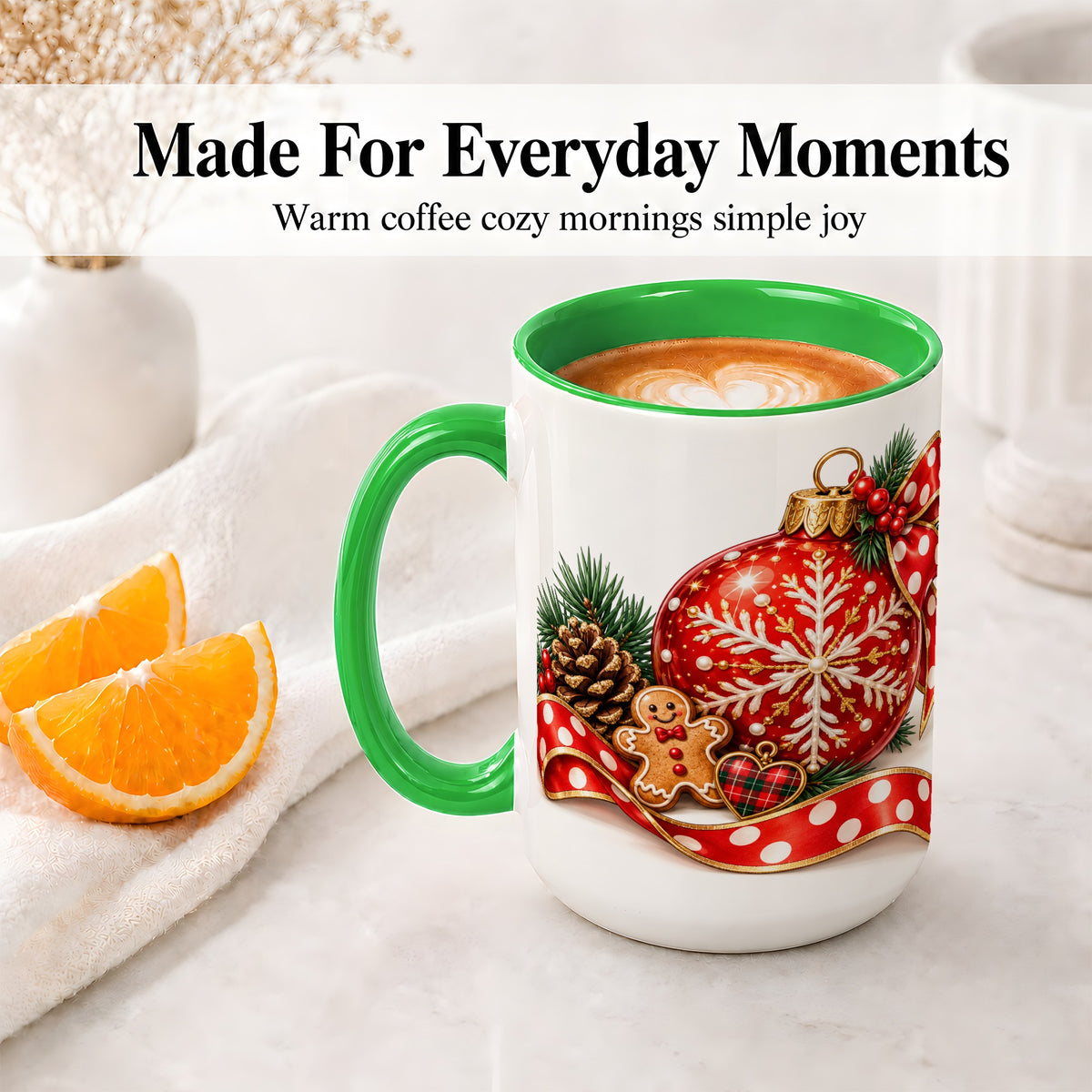 #pl[15oz|Green] Red Christmas Ornament Accent Mug, Ceramic Cup with Snowflake Art