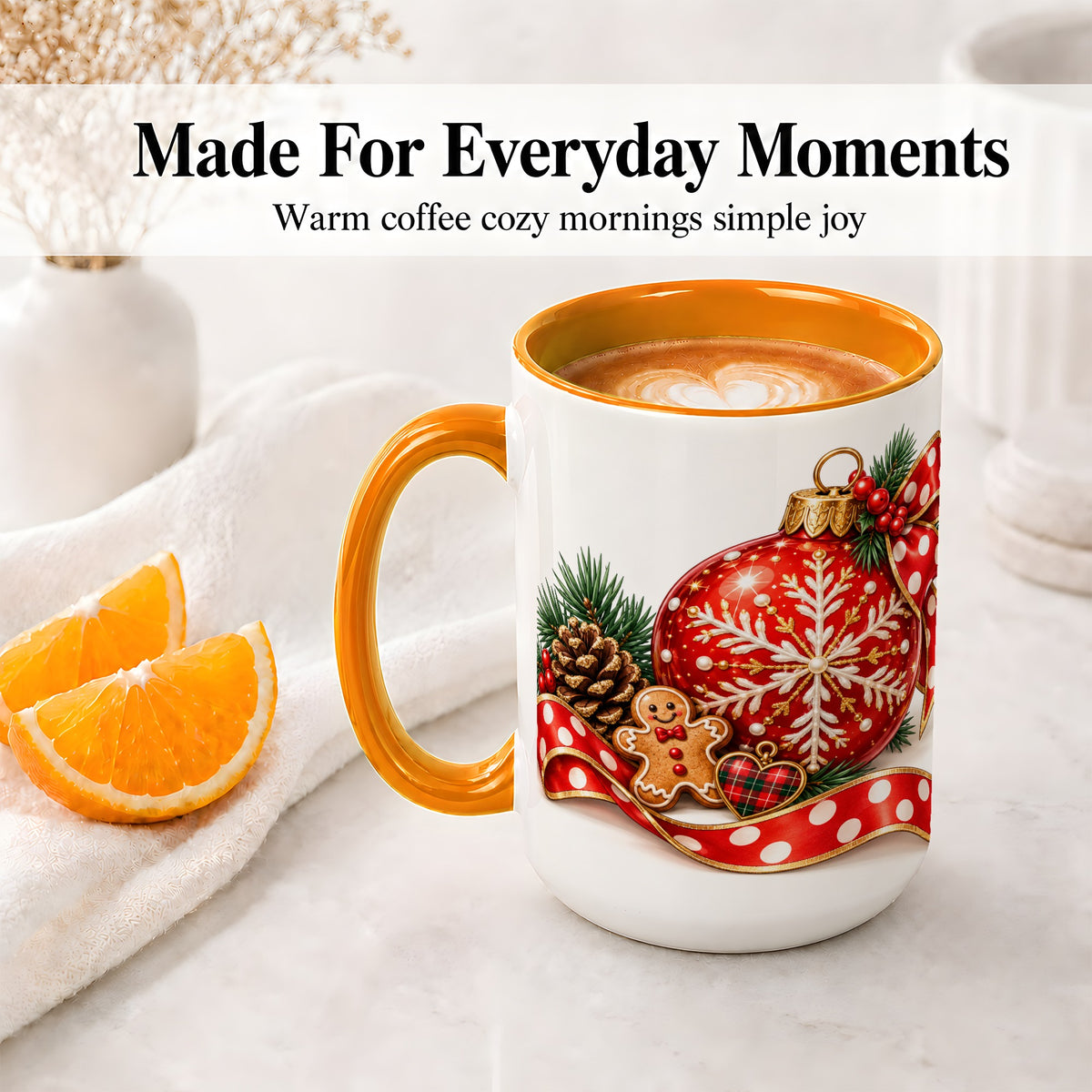 #pl[15oz|Orange] Red Christmas Ornament Accent Mug, Ceramic Cup with Snowflake Art