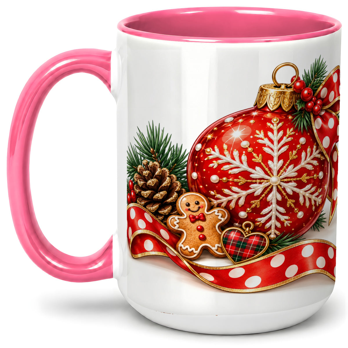 #pl[15oz|Pink] Red Christmas Ornament Accent Mug, Ceramic Cup with Snowflake Art