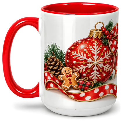#pl[15oz|Red] Red Christmas Ornament Accent Mug, Ceramic Cup with Snowflake Art
