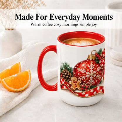 #pl[15oz|Red] Red Christmas Ornament Accent Mug, Ceramic Cup with Snowflake Art