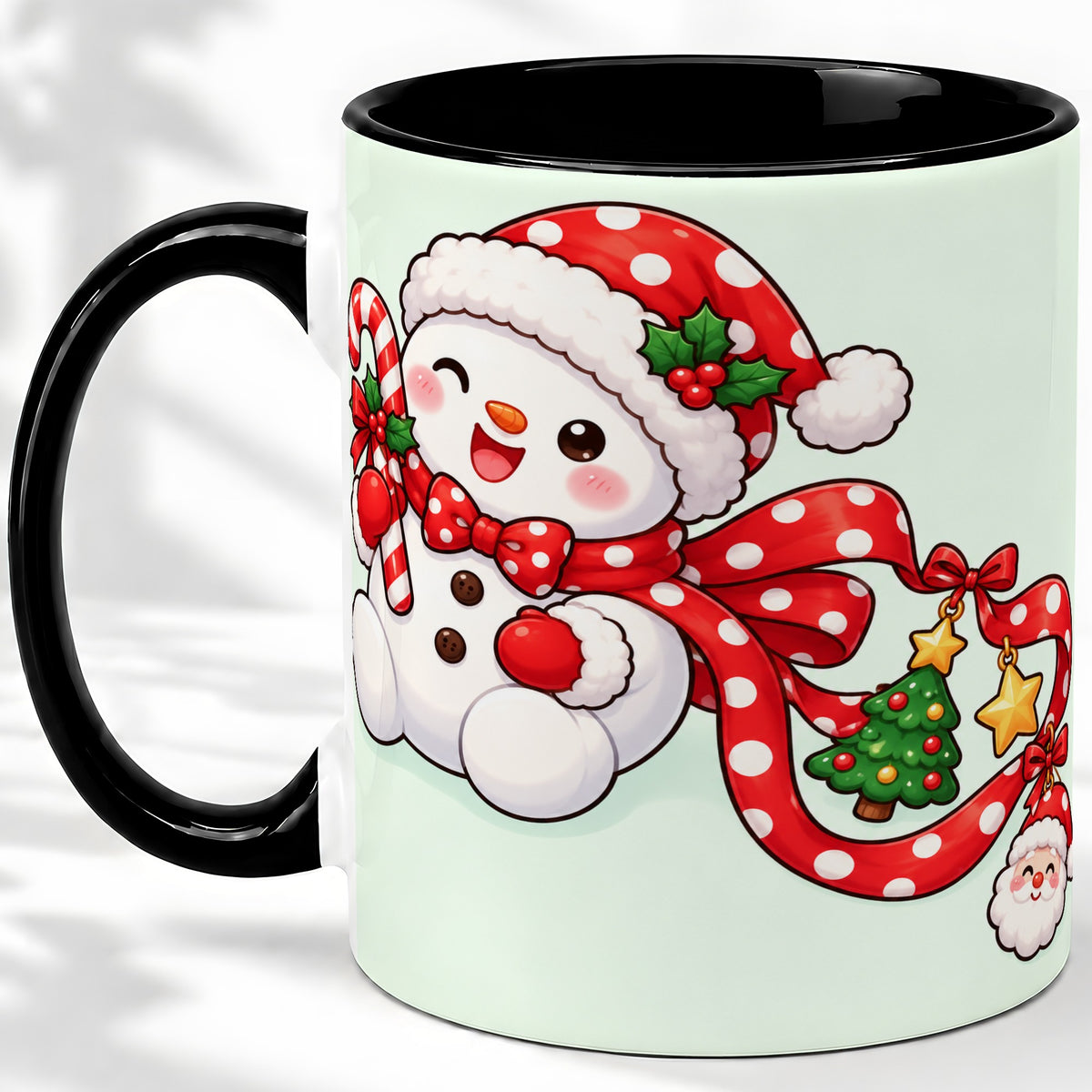 #pl[11oz|Black] Cute Christmas Snowman Accent Mug, Ceramic Cup with Candy Cane