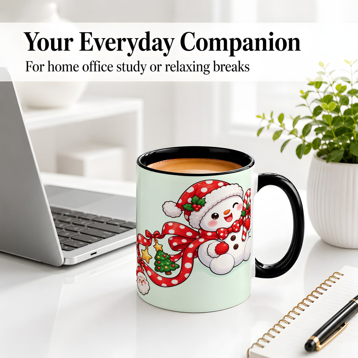 #pl[11oz|Black] Cute Christmas Snowman Accent Mug, Ceramic Cup with Candy Cane
