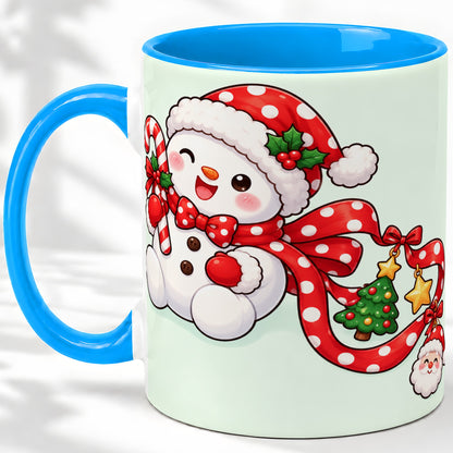 #pl[11oz|Blue] Cute Christmas Snowman Accent Mug, Ceramic Cup with Candy Cane