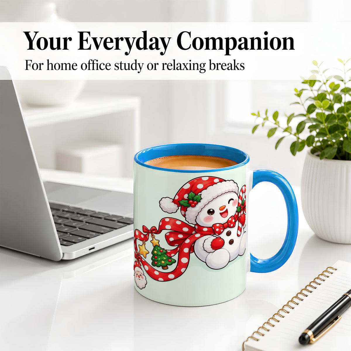 #pl[11oz|Blue] Cute Christmas Snowman Accent Mug, Ceramic Cup with Candy Cane