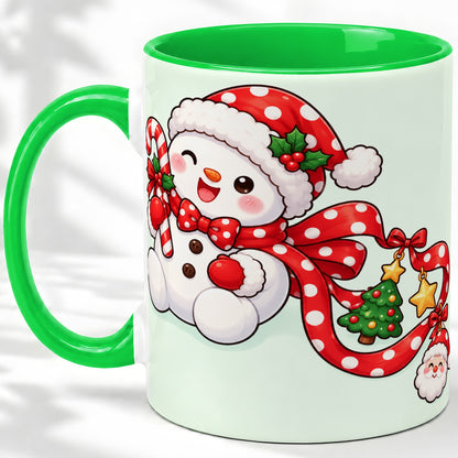 #pl[11oz|Green] Cute Christmas Snowman Accent Mug, Ceramic Cup with Candy Cane