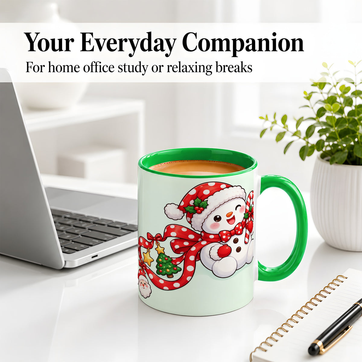 #pl[11oz|Green] Cute Christmas Snowman Accent Mug, Ceramic Cup with Candy Cane