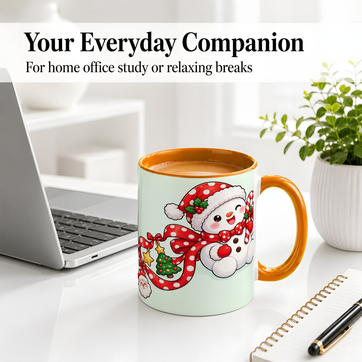 #pl[11oz|Orange] Cute Christmas Snowman Accent Mug, Ceramic Cup with Candy Cane