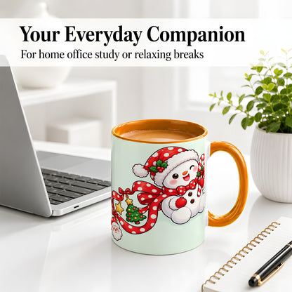 #pl[11oz|Orange] Cute Christmas Snowman Accent Mug, Ceramic Cup with Candy Cane