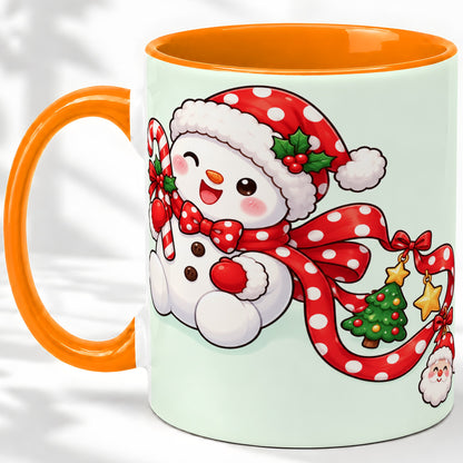 #pl[11oz|Orange] Cute Christmas Snowman Accent Mug, Ceramic Cup with Candy Cane