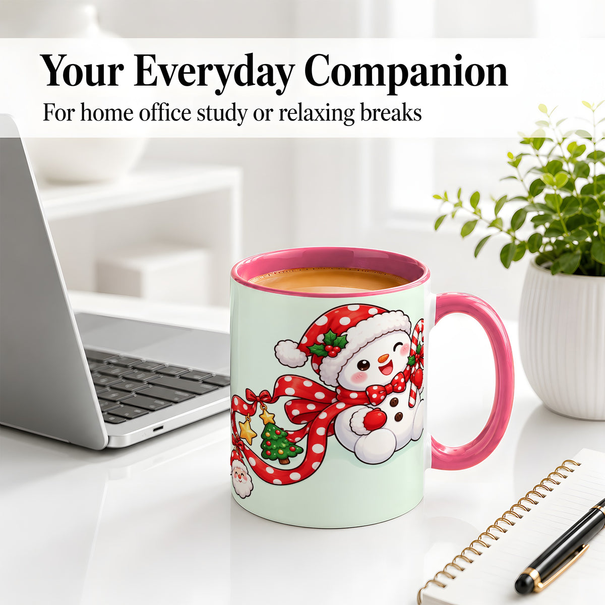 #pl[11oz|Pink] Cute Christmas Snowman Accent Mug, Ceramic Cup with Candy Cane