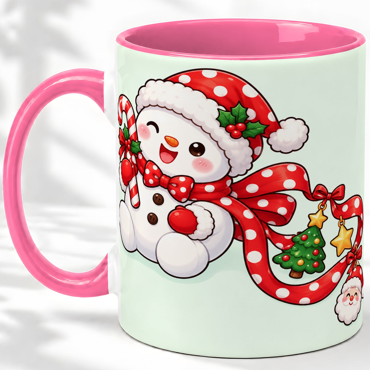 #pl[11oz|Pink] Cute Christmas Snowman Accent Mug, Ceramic Cup with Candy Cane