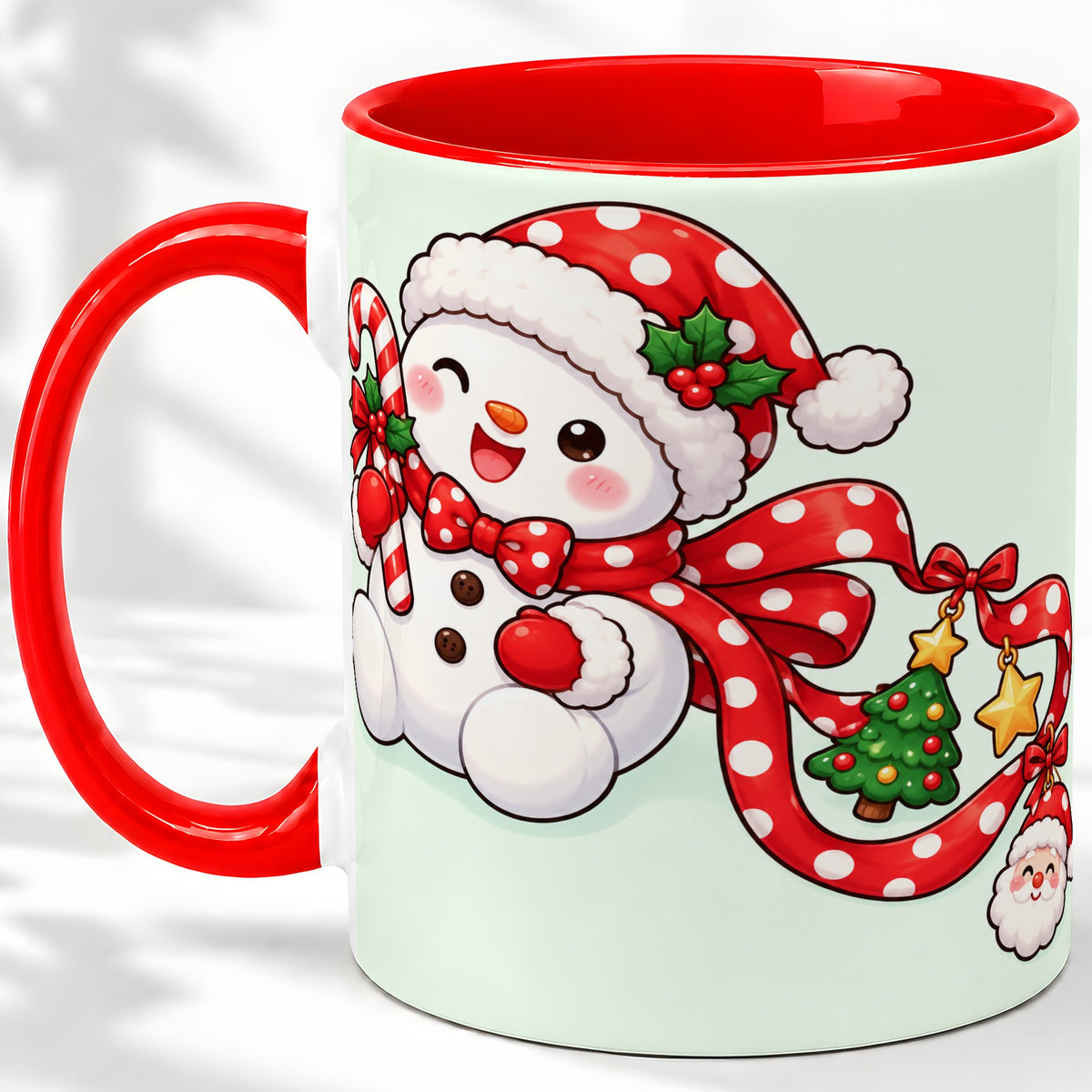 Cute Christmas Snowman Accent Mug, Ceramic Cup with Candy Cane