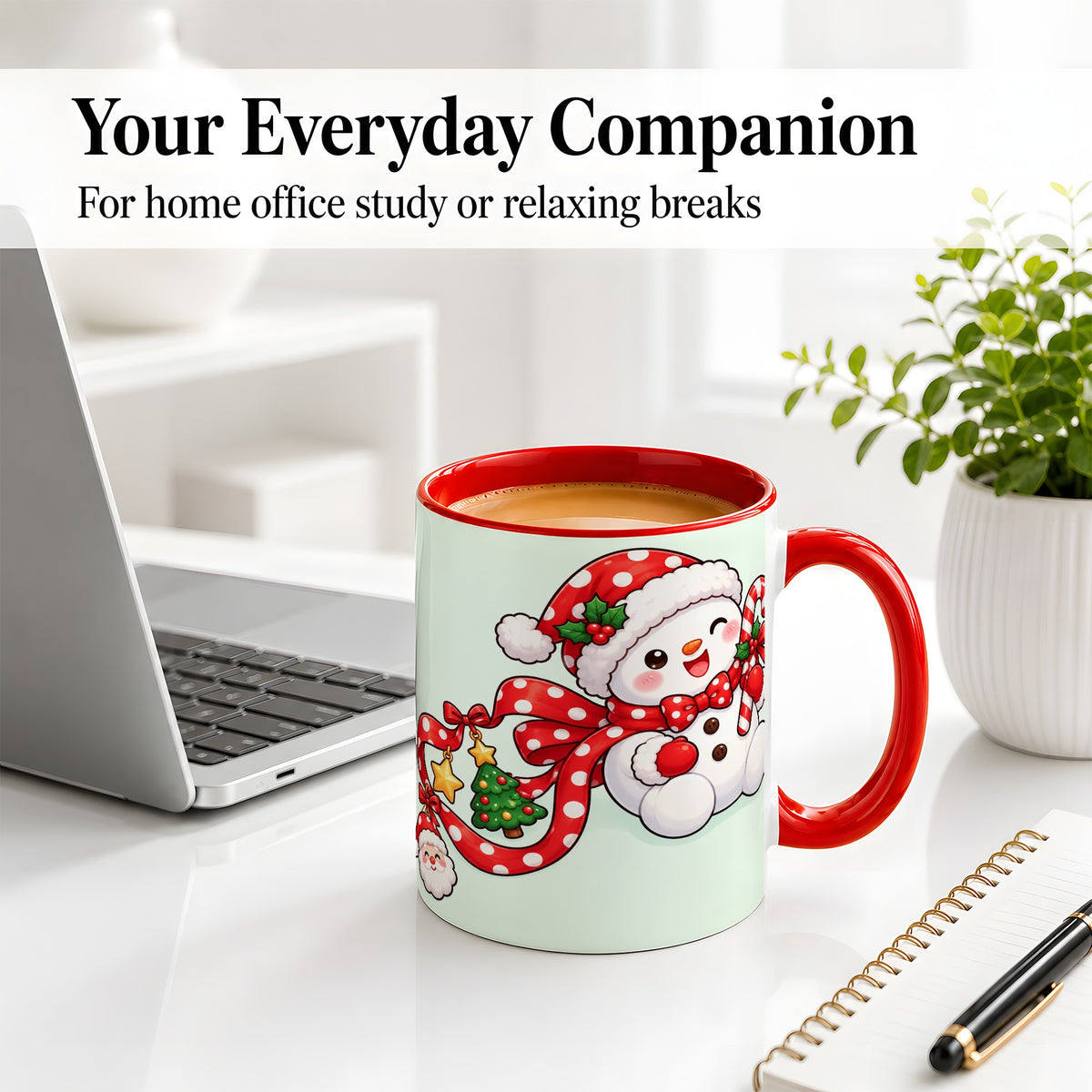 #pl[11oz|Red] Cute Christmas Snowman Accent Mug, Ceramic Cup with Candy Cane