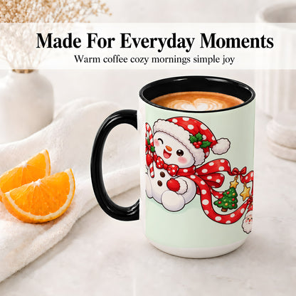 #pl[15oz|Black] Cute Christmas Snowman Accent Mug, Ceramic Cup with Candy Cane