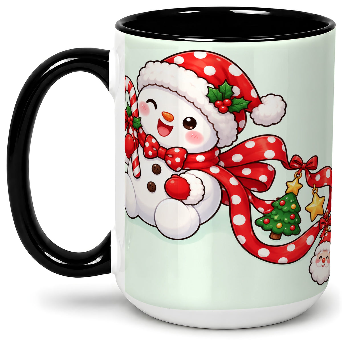 #pl[15oz|Black] Cute Christmas Snowman Accent Mug, Ceramic Cup with Candy Cane