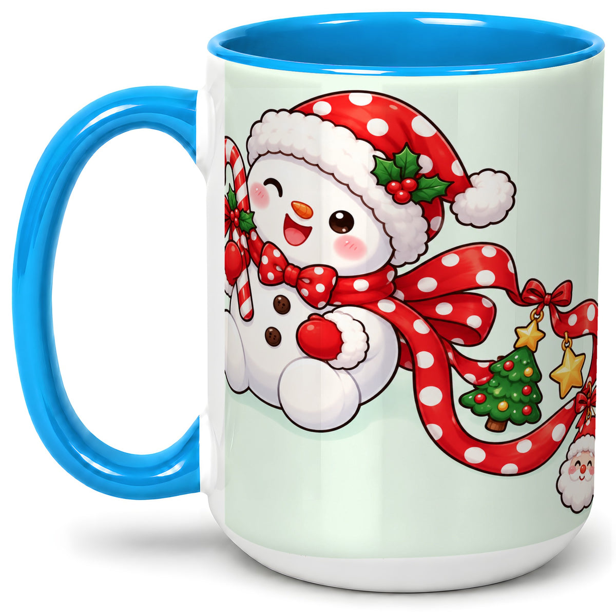 #pl[15oz|Blue] Cute Christmas Snowman Accent Mug, Ceramic Cup with Candy Cane