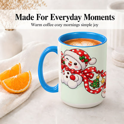 #pl[15oz|Blue] Cute Christmas Snowman Accent Mug, Ceramic Cup with Candy Cane