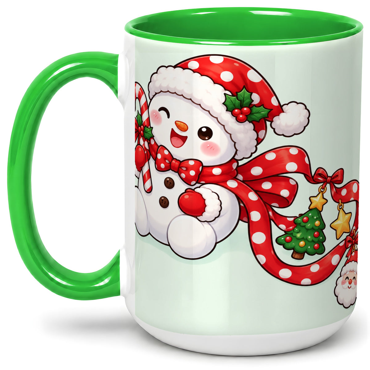 #pl[15oz|Green] Cute Christmas Snowman Accent Mug, Ceramic Cup with Candy Cane