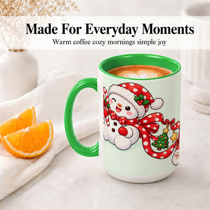 #pl[15oz|Green] Cute Christmas Snowman Accent Mug, Ceramic Cup with Candy Cane