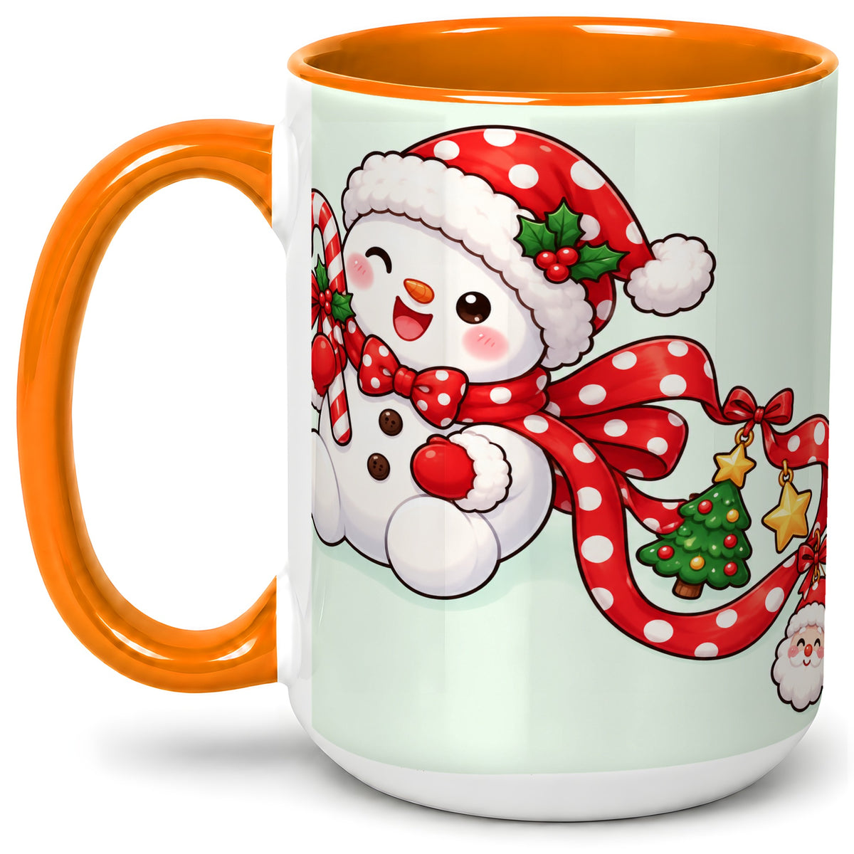 #pl[15oz|Orange] Cute Christmas Snowman Accent Mug, Ceramic Cup with Candy Cane