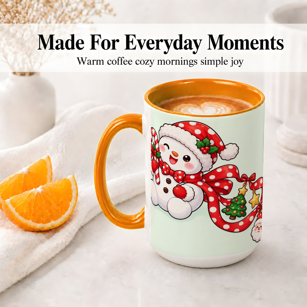 #pl[15oz|Orange] Cute Christmas Snowman Accent Mug, Ceramic Cup with Candy Cane