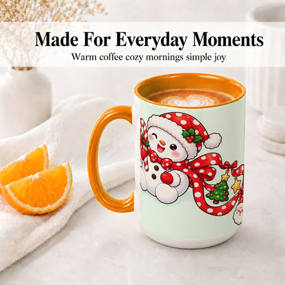 #pl[15oz|Orange] Cute Christmas Snowman Accent Mug, Ceramic Cup with Candy Cane