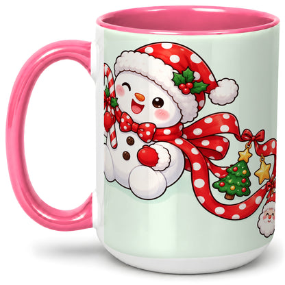 #pl[15oz|Pink] Cute Christmas Snowman Accent Mug, Ceramic Cup with Candy Cane