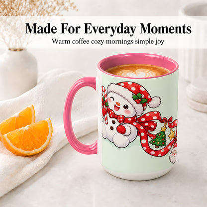 #pl[15oz|Pink] Cute Christmas Snowman Accent Mug, Ceramic Cup with Candy Cane