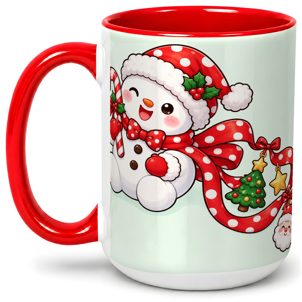 #pl[15oz|Red] Cute Christmas Snowman Accent Mug, Ceramic Cup with Candy Cane
