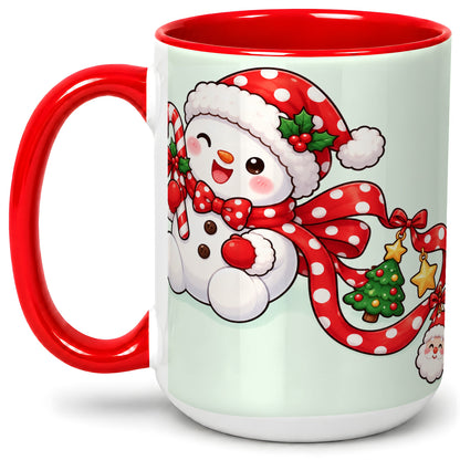 #pl[15oz|Red] Cute Christmas Snowman Accent Mug, Ceramic Cup with Candy Cane