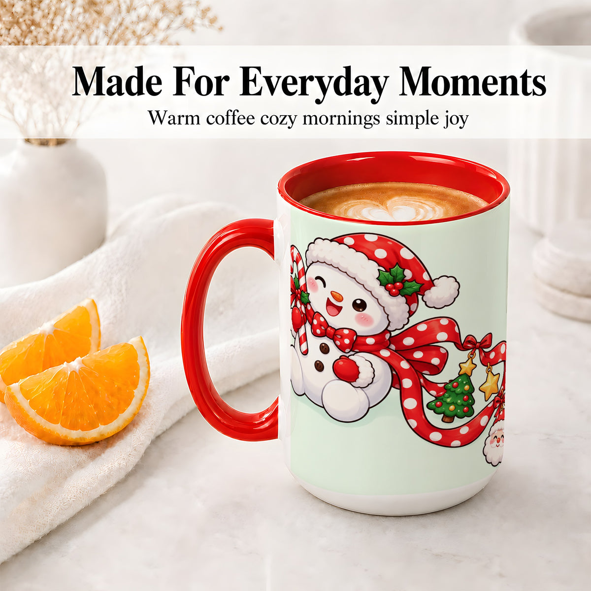 #pl[15oz|Red] Cute Christmas Snowman Accent Mug, Ceramic Cup with Candy Cane